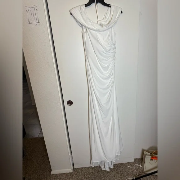 IEENA MAC DUGGAL 26517 White Foldover Asymmetric Ruched High Slit Jersey Gown 8 - Picture 3 of 7